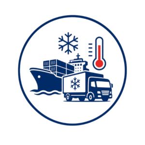 Refrigerated cold chain logistics icon representing temperature-controlled transportation and storage for food, pharmaceuticals, and sensitive cargo.