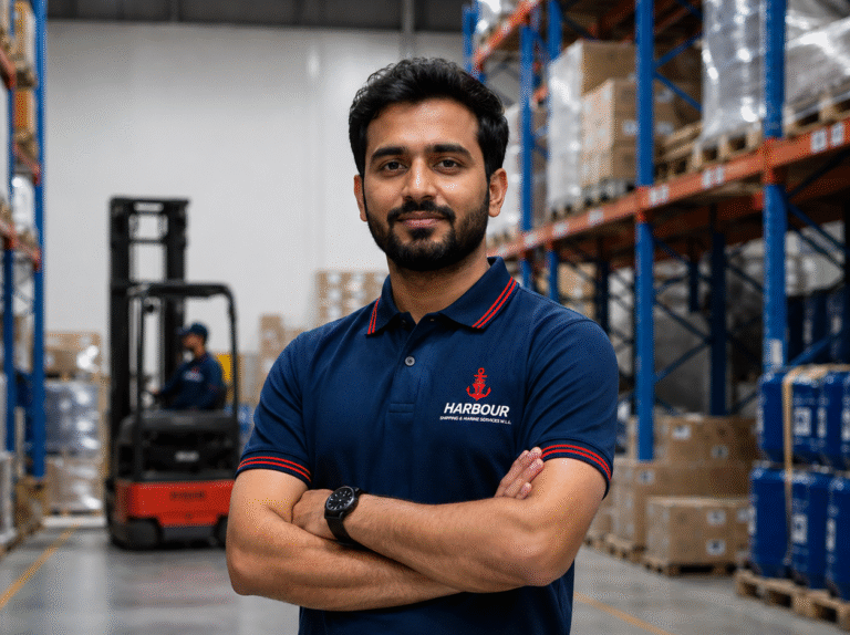 Professional Harbour Shipping warehouse employee wearing official company uniform inside a modern logistics warehouse with storage racks and forklift operations.