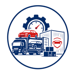 Automotive logistics icon representing vehicle transportation, automotive parts logistics, and secure car shipping services.