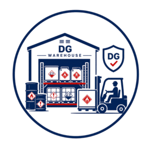 Dangerous goods warehouse icon representing compliant storage of hazardous chemicals, UN-certified containers, and DG cargo.