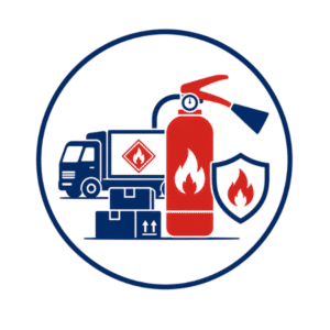 Fire safety logistics icon representing transportation and warehousing of fire extinguishers, hoses, and fire protection equipment.