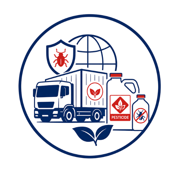 Insecticide and pesticide logistics icon representing safe transportation and compliant storage of agricultural chemicals and crop protection products.
