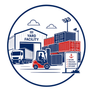 Container yard facility icon representing secure outdoor container storage, handling equipment, and logistics yard operations.